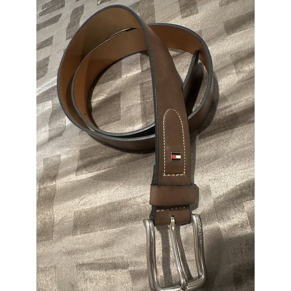 Tommy Hilfiger Belt Mens 36/90 Brown Imitation Leather Silver Buckle Flag Logo